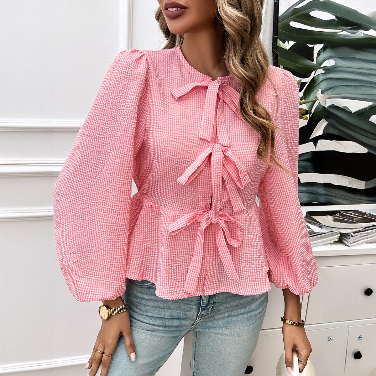 Contrast Color Tied Long Sleeves Shirt