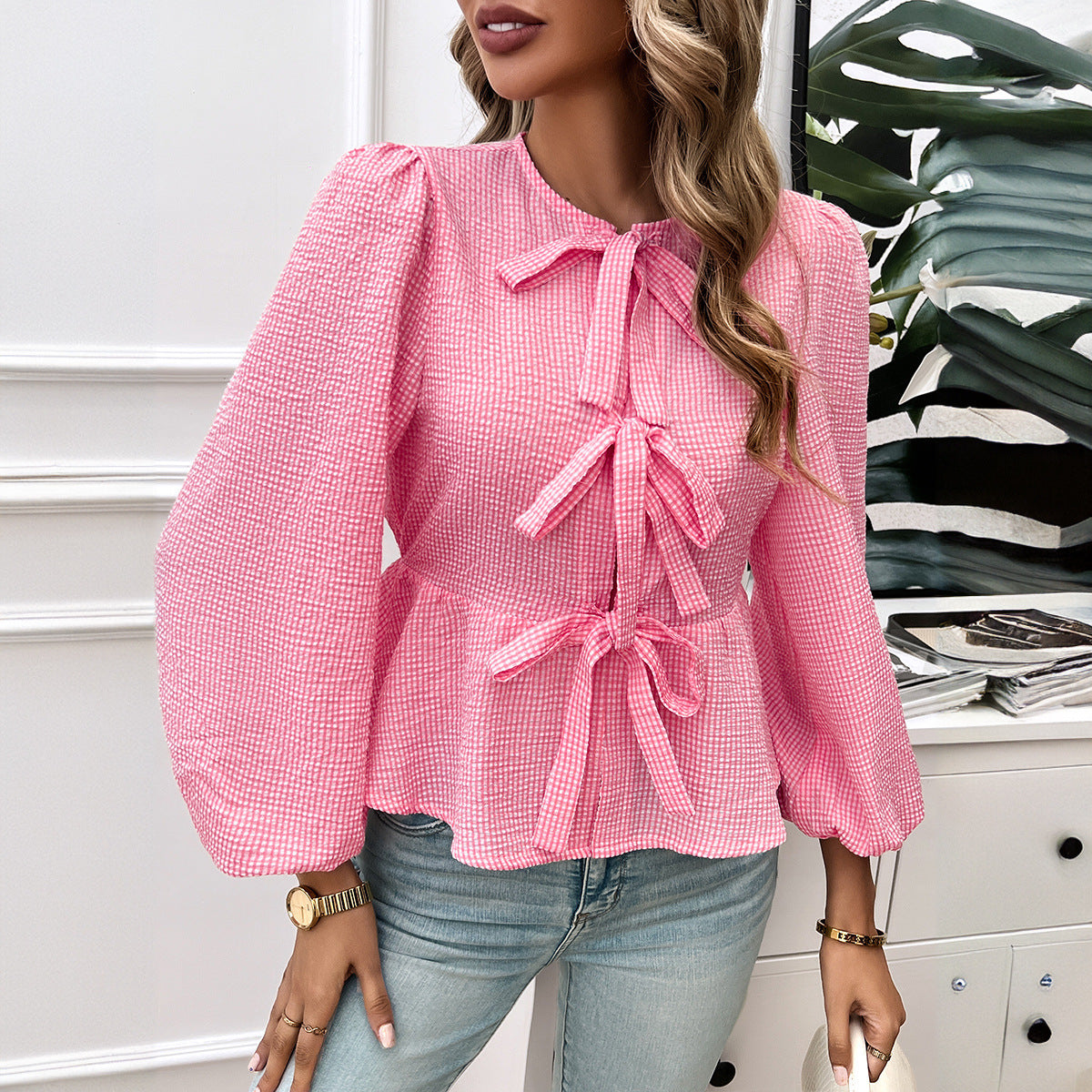 Contrast Color Tied Long Sleeves Shirt