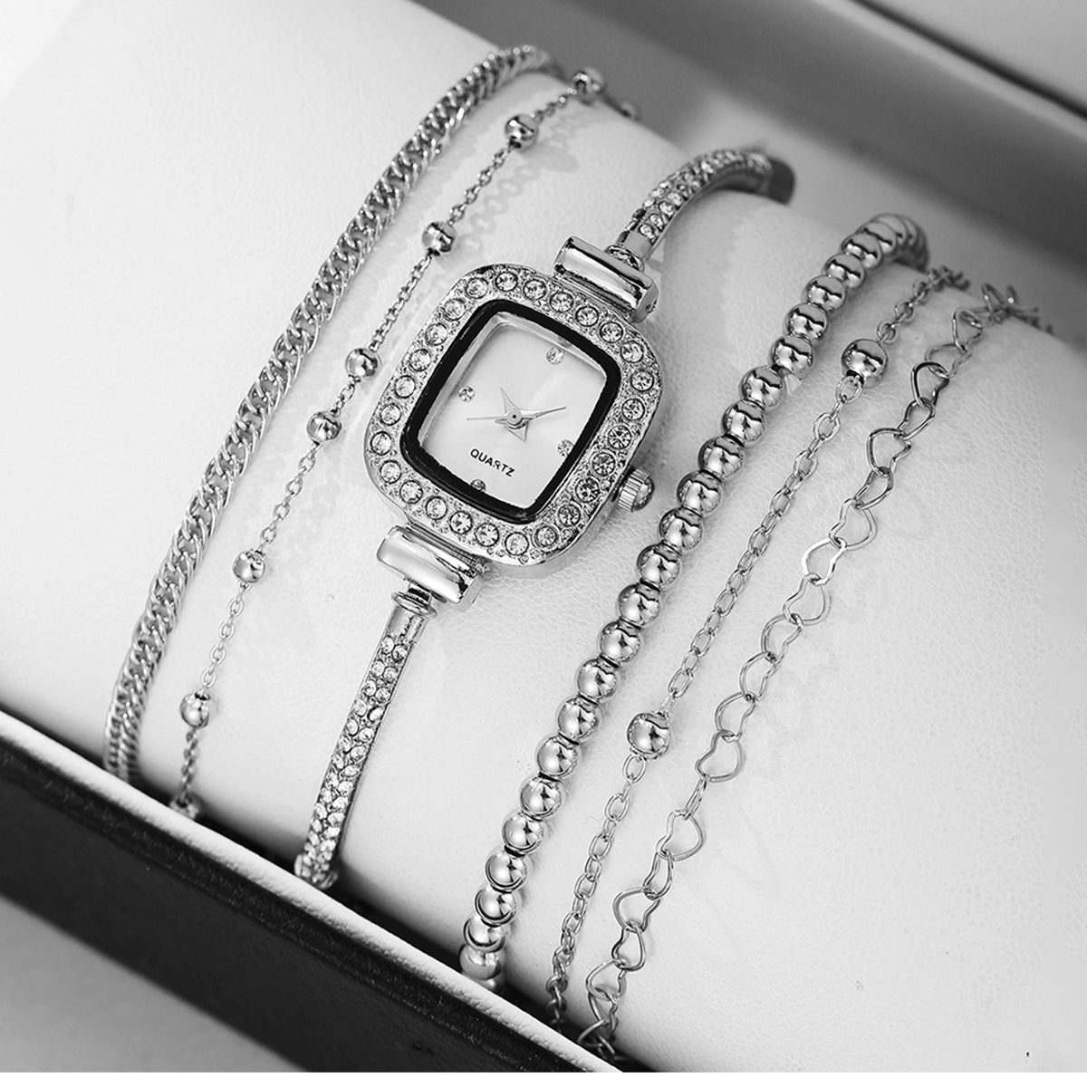 Rhinestone-Encrusted Square Quartz Watch Set.
