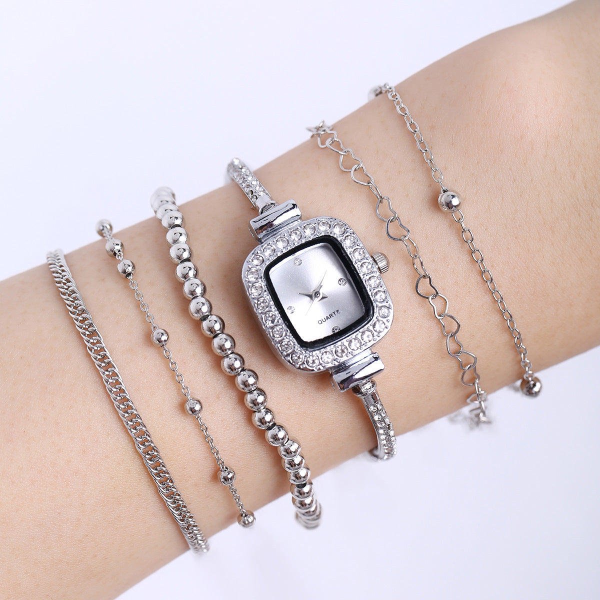 Rhinestone-Encrusted Square Quartz Watch Set.