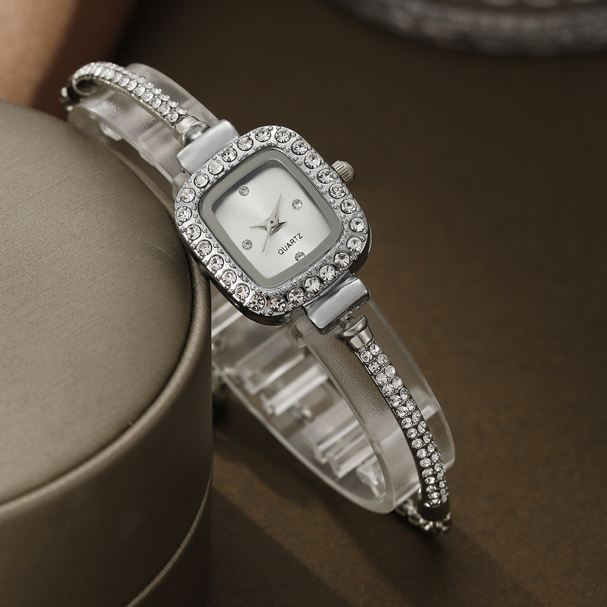 Rhinestone-Encrusted Square Quartz Watch Set.